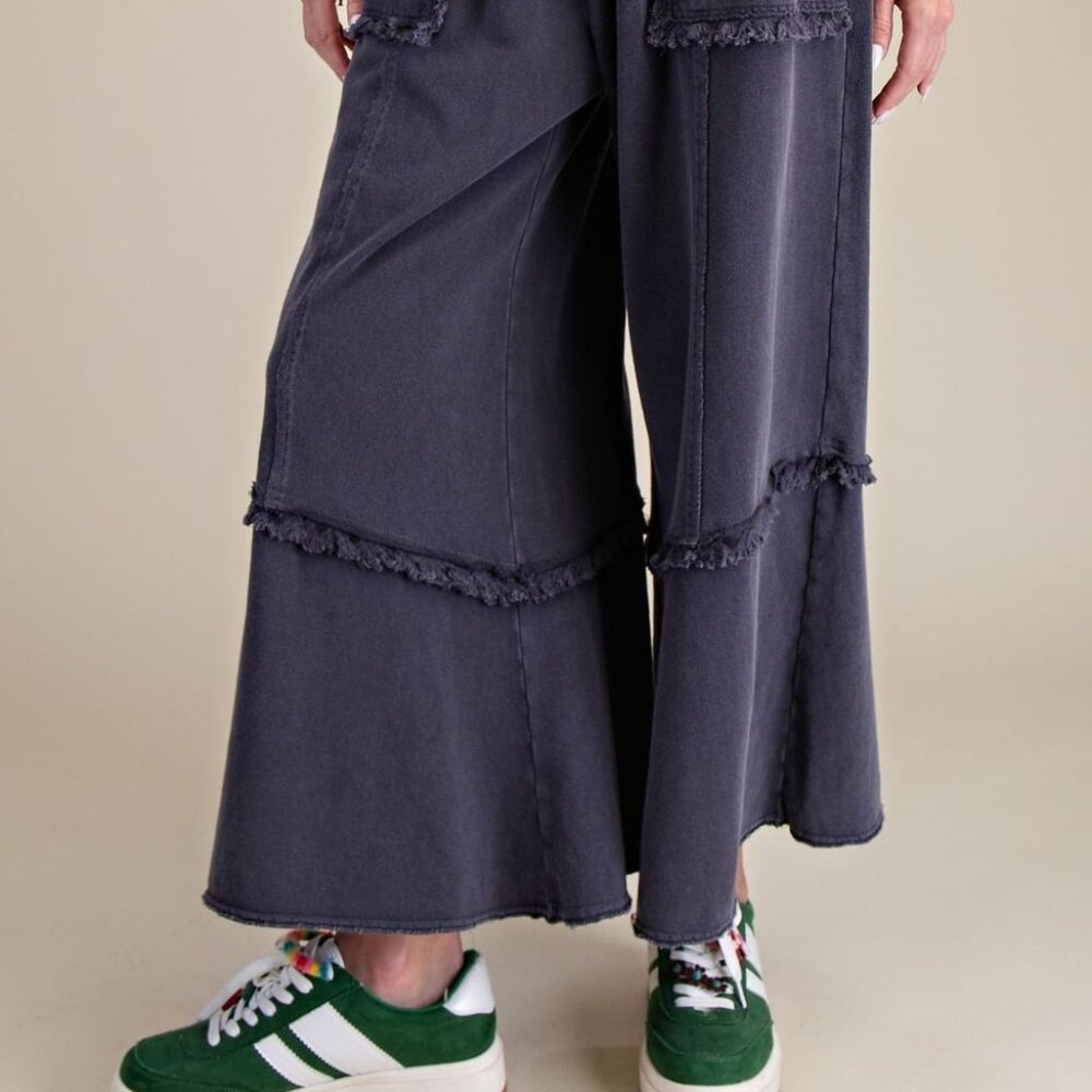 E17 Easel Wide Leg Mineral Washed Black Terry Pants Patch Pockets Frayed Hem - Picture 5 of 6